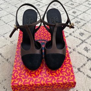 T Strap Black Velvet Satin Tory Burch Heels